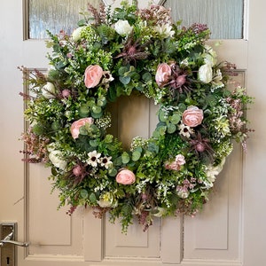 Wild flower wreath for front door, summer meadow, Lavender, Peony, Heather and Thistle, Cottage Decor, All Year Round Door Wreath 50 cm