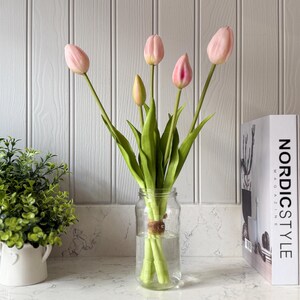 May include: A clear glass jar holds several pink tulips with green stems and leaves. The jar is tied with a brown twine. A white ceramic pot with green plants is on the left. Books with the titles "NORDIC STYLE" and "ELLE" are on the right.