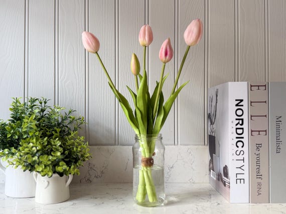 Real Touch Tulip Bouquet, 5 Lifelike Tulips, Artificial Tulip, 4 Colours Available, Cottage Decor
