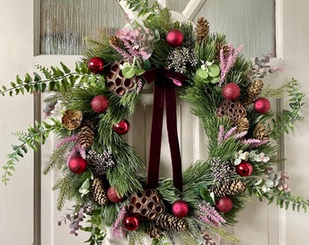 Burgundy Christmas Wreath for Front Door, Pine Wreath with Cones, Berries, Lavender and Eucalyptus, Cottage Decor, Large Christmas Wreath