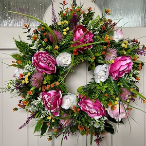 Peony Wreath for Front Door Year Round, Autumnal Garland, Autumn Gift for her, Porch Decor Idea, Door Decoration, Cottage Decor image 2