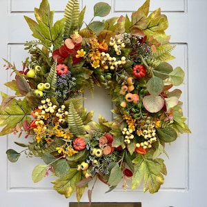 Autumn Wreath for Front Door, Pumpkin Wreath, Cottage Decor, All Year Round Door Wreath, Burnt Orange Door Decoration, Autumn Fruit