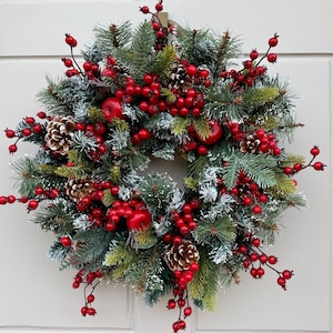 Cranberry Christmas Wreath for Front Door, Wreath with Bells, Red Berries Wreath, Woodland Wreath, Housewarming gift for couple