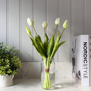 May include: A clear glass jar holds a bundle of white tulips with green stems and leaves. The jar is tied with twine and sits on a white countertop. Green leafy plants in white pots are to the left, and books are to the right.