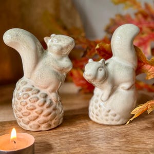 Può includere: Due statuine di scoiattoli in ceramica beige chiaro. Gli scoiattoli sono in piedi su una base strutturata, con le code ricurve verso l'alto. Una candela accesa è in primo piano e il fogliame autunnale sullo sfondo.