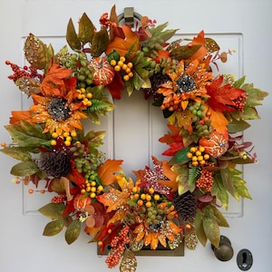 Autumn Pumpkin and Sunflower Wreath for Front Door, Pumpkin Wreath, Cottage Decor, All Year Round Door Wreath, Autumn Fruit