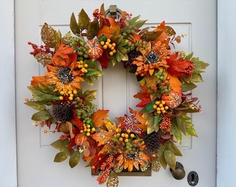 Autumn Pumpkin and Sunflower Wreath: Cottagecore Fall Door Decor