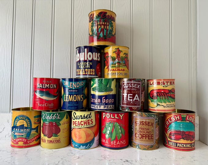 Retro Style Food Tin Can, Set of 2 Cans, 12 Styles Available