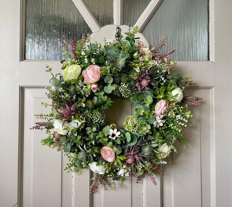 Wild flower wreath for front door, summer meadow, Lavender, Peony, Heather and Thistle, Cottage Decor, All Year Round Door Wreath image 1