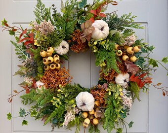 Ivory Velvet Pumpkin Autumn Wreath, Rustic Fall Front Door Wreath, Woodland Farmhouse Cottagecore Door Decoration