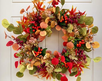 Large Autumn Wreath, Silk Eucalyptus and Berry Front Door Decoration
