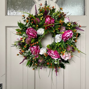 Peony Wreath for Front Door Year Round, Autumnal Garland, Autumn Gift for her, Porch Decor Idea, Door Decoration, Cottage Decor image 9