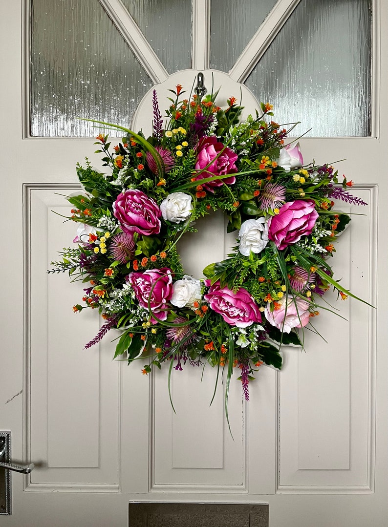 Peony Wreath for Front Door Year Round, Autumnal Garland, Autumn Gift for her, Porch Decor Idea, Door Decoration, Cottage Decor image 9