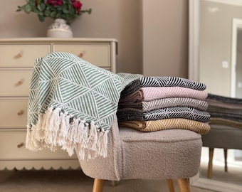 Soft Cotton Geometric Large Sofa Throw, Yellow, Sage, Navy, Beige, Black, Pink White, Fringed Bed Blanket, Recycled Cotton, Cottage Decor