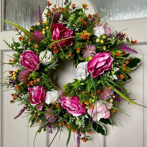 Peony Wreath for Front Door Year Round, Autumnal Garland, Autumn Gift for her, Porch Decor Idea, Door Decoration, Cottage Decor image 3