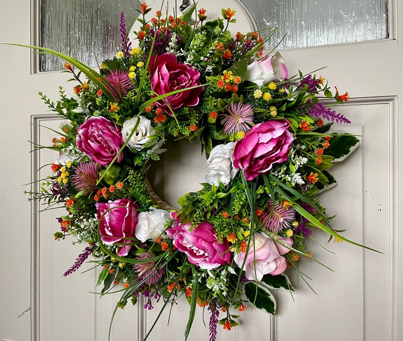 Peony Wreath for Front Door Year Round, Autumnal Garland, Autumn Gift for her, Porch Decor Idea, Door Decoration, Cottage Decor image 3