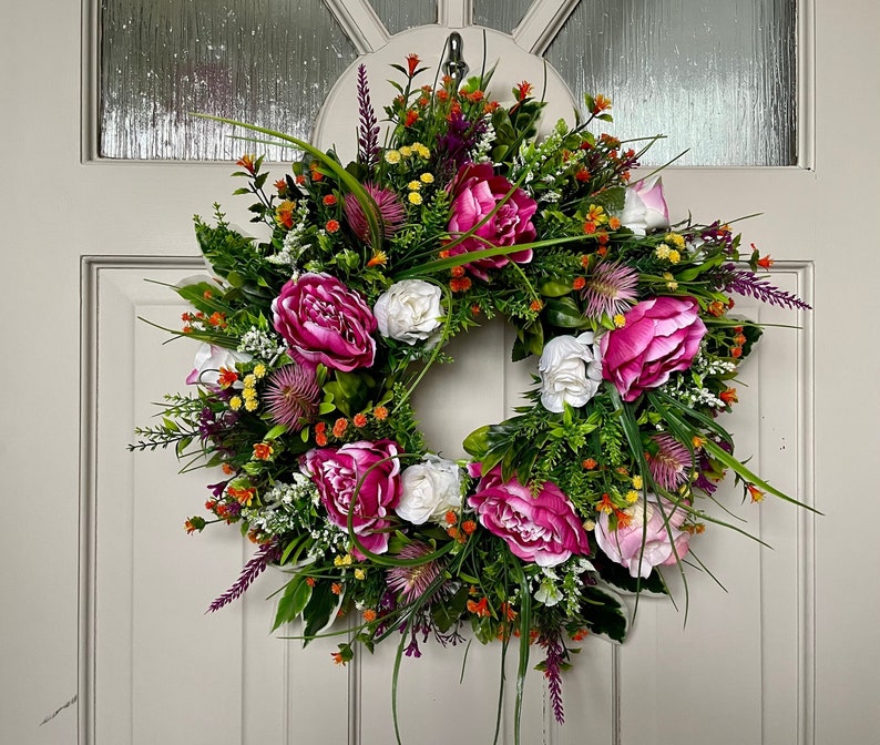 Peony Wreath for Front Door Year Round, Autumnal Garland, Autumn Gift for her, Porch Decor Idea, Door Decoration, Cottage Decor image 1