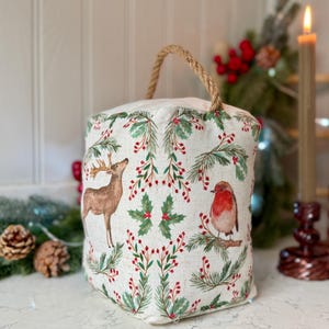Christmas Folk Animal Doorstop, Linen Fabric Printed Doorstop, Hedgehog, Robin, Deer and Hare, Cottage Decor