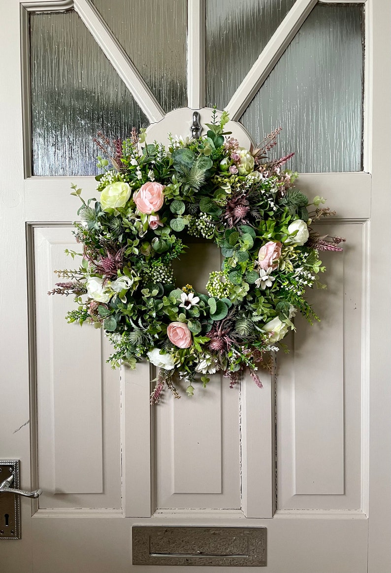 Wild flower wreath for front door, summer meadow, Lavender, Peony, Heather and Thistle, Cottage Decor, All Year Round Door Wreath image 3