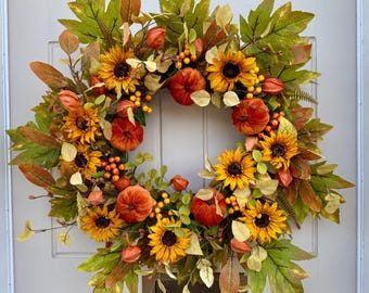 Large Rustic Autumn Wreath, Fall Front Door Wreath, Grapevine Wreath with Sunflowers, Chinese Lanterns, Velvet Pumpkin and Autumn Leaves