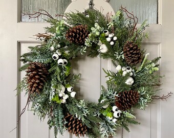 Frosted Christmas Wreath for Front Door, Spruce and Pine Wreath with Natural Cones and Berries, Cottage Decor