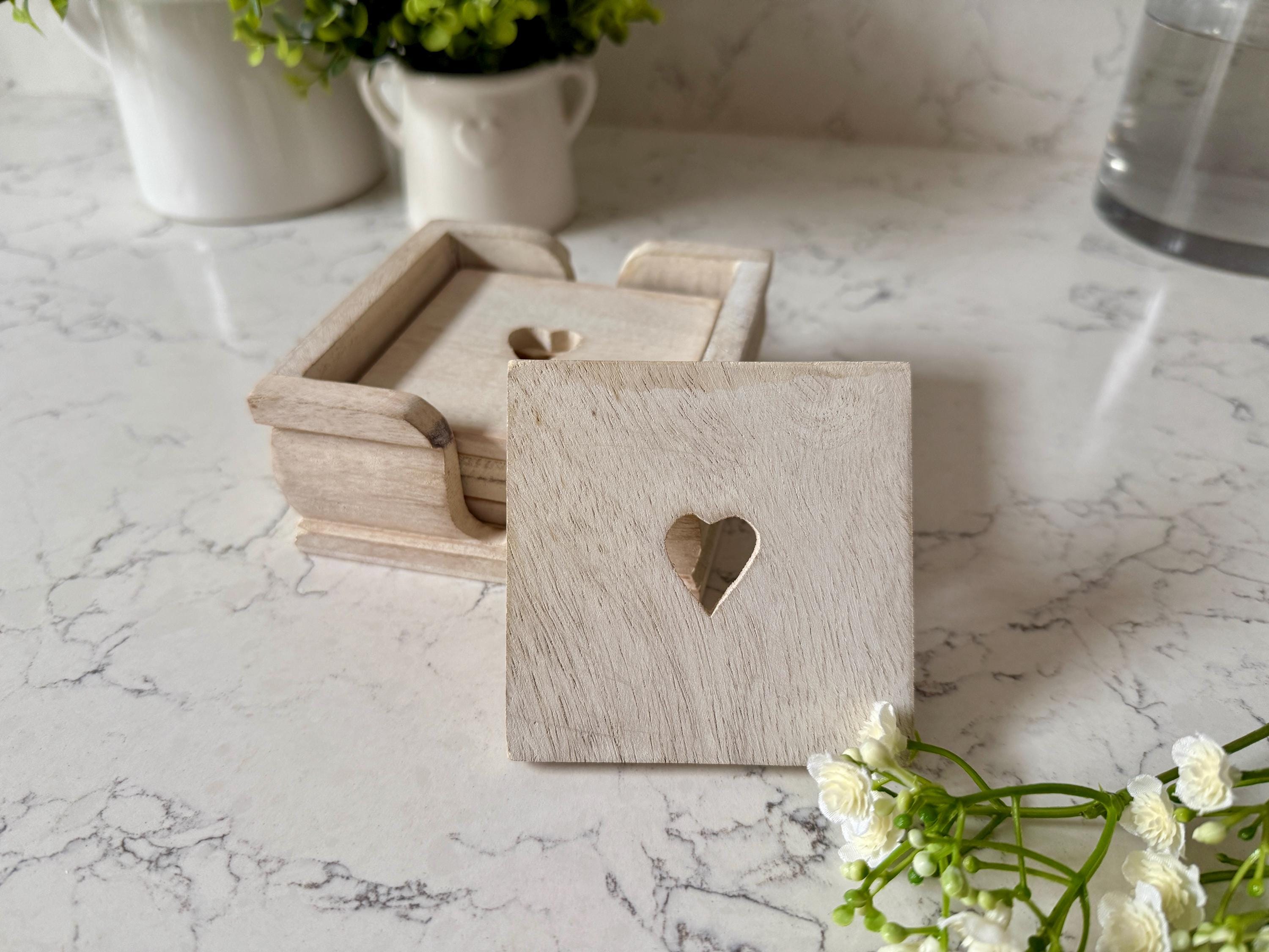 Mango Wood Coaster Set with Cut Out Heart, Set of 6 Coasters, Cottage Decor