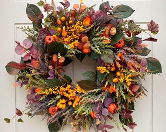 50cm Rustic Autumn Pumpkin Wreath with Berries, Chinese Lanterns and Eucalyptus