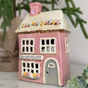 Ceramic Pink Village Cafe Shop Candle Holder, The Coffee Pot