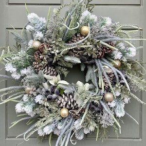 Deluxe Frosted Nordic Christmas Wreath for Front Door, Spruce and Pine Wreath with Natural Cones and Blueberries, Woodland Wreath