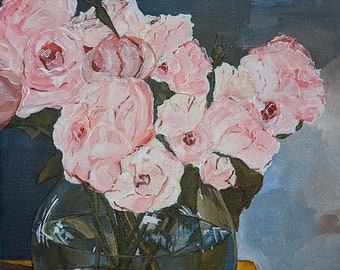 Pink Peonies acrylic painting on canvas, floral still life in clear vase, original artwork 10"x8" living room wall art unframed