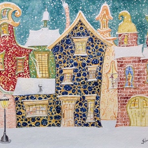 Snowy Village Street, Original Watercolor Painting, Wall Art, Watercolor Art, 10&quot; x 13” Artwork