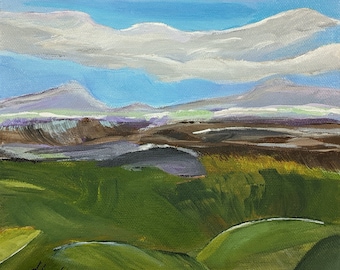 May include: Abstract landscape painting with a blue sky, white clouds, and green hills. The painting is done in a loose, impressionistic style.