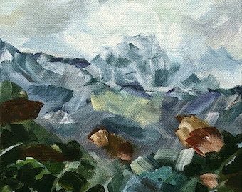 May include: Abstract painting of a mountain range with a cloudy sky. The painting is done in shades of blue, green, and brown.