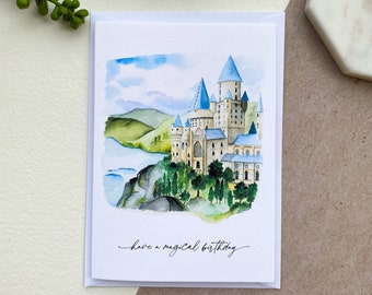 Magical Birthday Card // Watercolour painting, Castle, Owl post, Wizarding School, Greeting Card, Witches and Wizards, Birthday