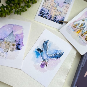 Impresiones de escenas mágicas de magos, 4 piezas // Impresiones A6, castillo mágico, papelería, regalo, brujas, acuarela, vibraciones de brujas, arte de fan, arte de fantasía