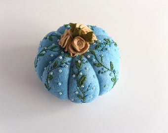 Pumpkin Table Decor, Blue, Felt, Hand Embroidered, Shabby Chic ,Fall,Autumn, Thanks Giving,Thanksgiving Decoration, Table Centre, Home Decor