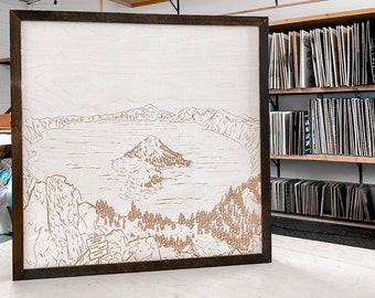 Obra de arte del lago Crater, Oregón: paisaje de madera grabado