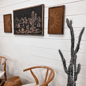 Desert Wall Art | Desert Decor | Cactus & Sunburst Wall Art | Aztec Wall Art | Southwestern Rustic Artwork | Cactus Wall Hanging