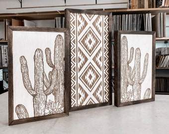 Aztec Cactus Wood Wall Art Set: Southwestern Boho Decor