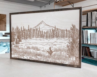 Arte en madera del río Metolius grabado: Paisaje de lago de montaña
