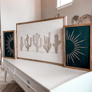 Engraved Cactus and Sunburst Wood Wall Art: Boho Decor Set