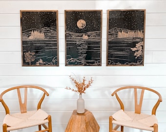 Conjunto de obras de arte en madera de Sparks Lake, Oregón: Decoración de pared con paisaje de montaña grabado