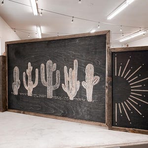 Laser Engraved Cactus Wood Art: Desert Sunburst Wall Hanging