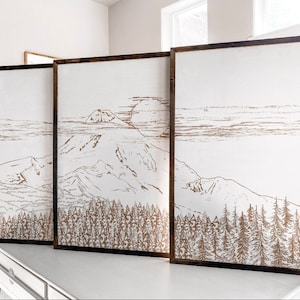 Hand Sketched Mount Hood Wooden Wall Art: Mountain Landscape Decor