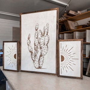 Engraved Cactus & Sunburst Wood Wall Art: Southwestern Decor