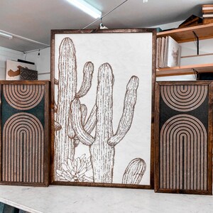 Hand-Sketched Cactus Rainbow Wood Art Set: Western Boho Decor