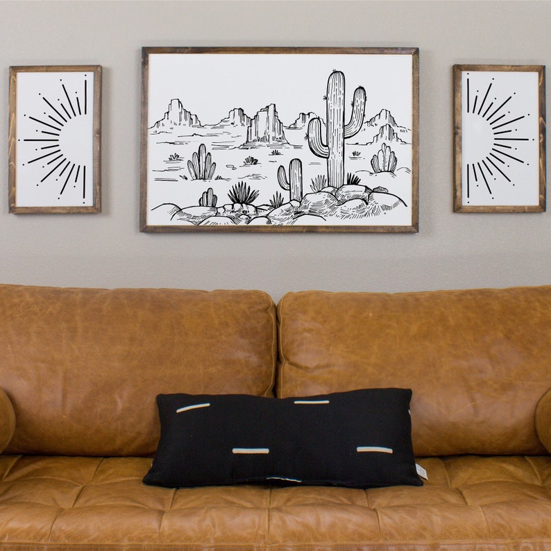 Cactus Desert Sun Burst Wall Art Wooden Wall Decor Wood Signs For Wall Decor Framed Desert Print Aztec Boho Wall Art