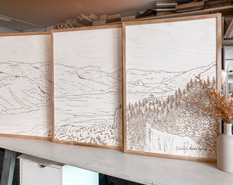 Columbia River Gorge Wooden Artwork Set | Hand Sketched Oregon Artwork Set | Landscape Wooden Artwork | Mountain Landscape Wall Decor