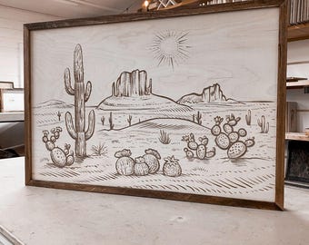 Arte mural de madera con cactus grabados del desierto: decoración bohemia del suroeste (20 x 30)