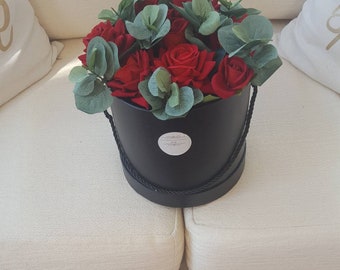 Eucalyptus and red roses arrangement in black tall hat box. Red roses, eucalyptus, home decor, birthday flowers, gift, artificial flowers